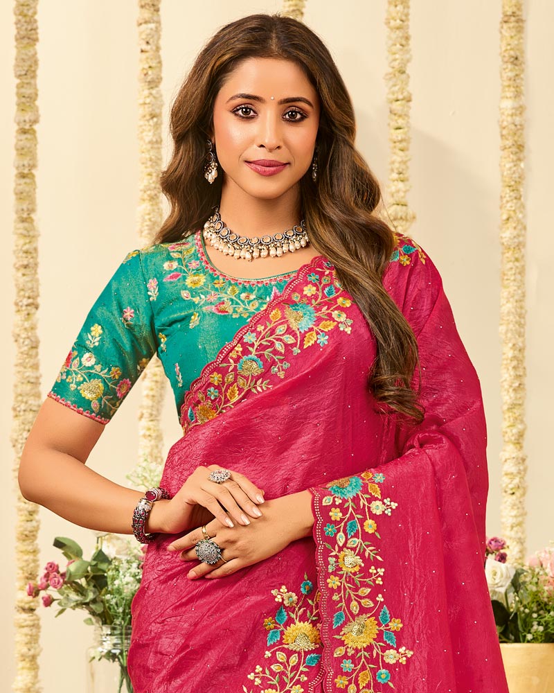 Vishal Prints Bright Maroon Designer Fancy Crushed Tissue Saree With Embroidery Diamond Work And Cut Work Border