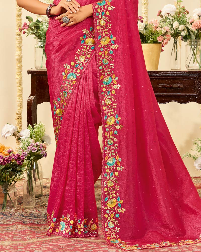 Vishal Prints Bright Maroon Designer Fancy Crushed Tissue Saree With Embroidery Diamond Work And Cut Work Border