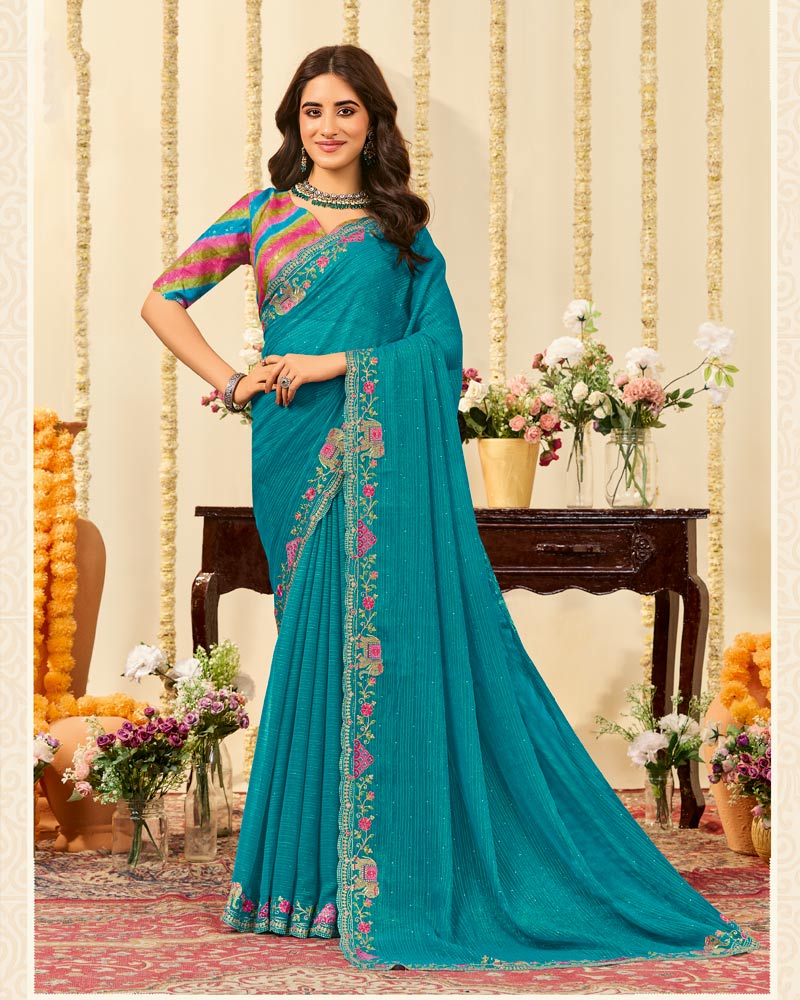 Vishal Prints Deep Aqua Blue Designer Fancy Chiffon Saree With Embroidery Diamond Work And Cut Work Border