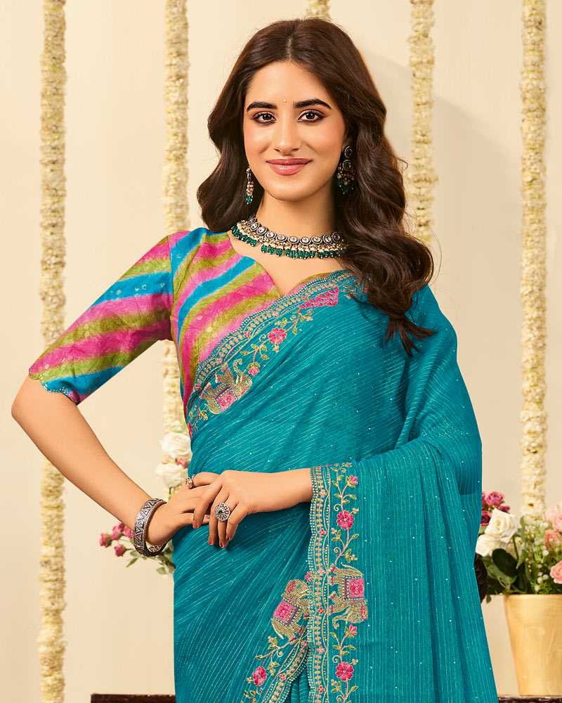 Vishal Prints Deep Aqua Blue Designer Fancy Chiffon Saree With Embroidery Diamond Work And Cut Work Border
