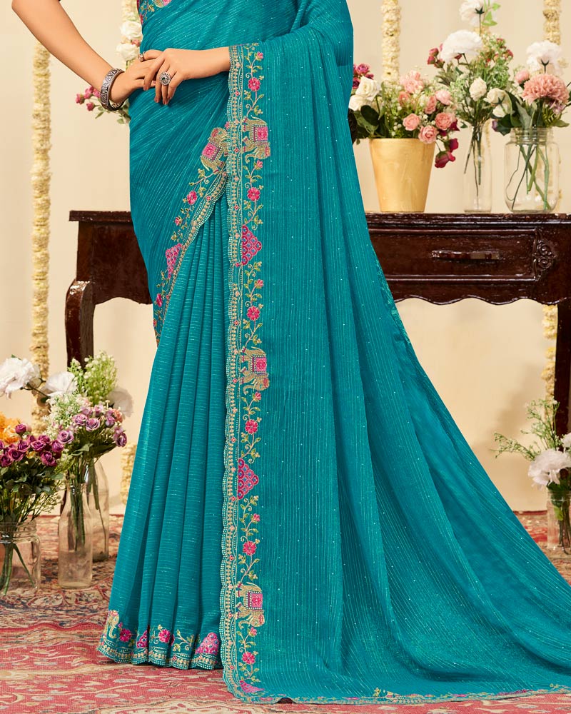 Vishal Prints Deep Aqua Blue Designer Fancy Chiffon Saree With Embroidery Diamond Work And Cut Work Border