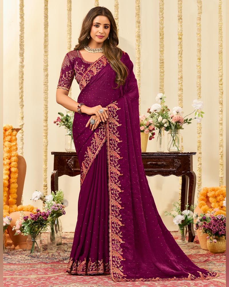 Vishal Prints Dark Wine Designer Fancy Satin Saree With Embroidery Diamond Work And Cut Work Border