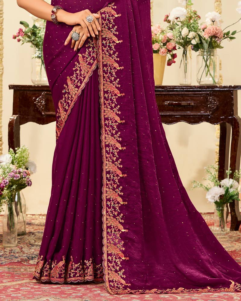 Vishal Prints Dark Wine Designer Fancy Satin Saree With Embroidery Diamond Work And Cut Work Border
