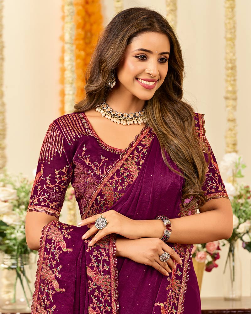 Vishal Prints Dark Wine Designer Fancy Satin Saree With Embroidery Diamond Work And Cut Work Border