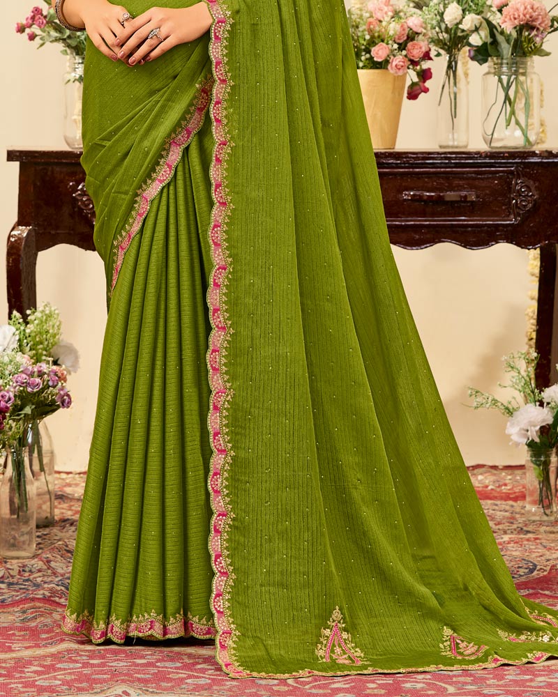 Vishal Prints Mehandi Green Designer Fancy Chiffon Saree With Embroidery Diamond Work And Cut Work Border