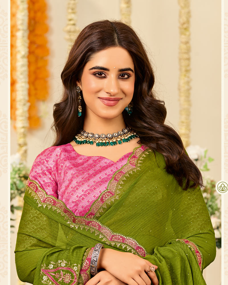 Vishal Prints Mehandi Green Designer Fancy Chiffon Saree With Embroidery Diamond Work And Cut Work Border