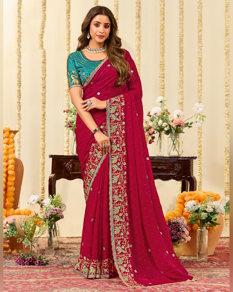 Vishal Prints Vivid Burgundy Designer Fancy Satin Saree With Embroidery Diamond Work And Cut Work Border