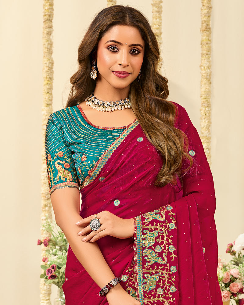 Vishal Prints Vivid Burgundy Designer Fancy Satin Saree With Embroidery Diamond Work And Cut Work Border