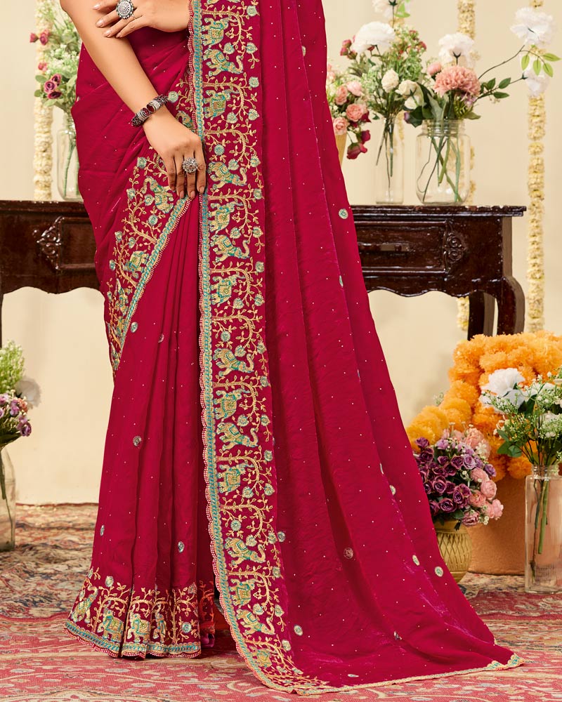 Vishal Prints Vivid Burgundy Designer Fancy Satin Saree With Embroidery Diamond Work And Cut Work Border