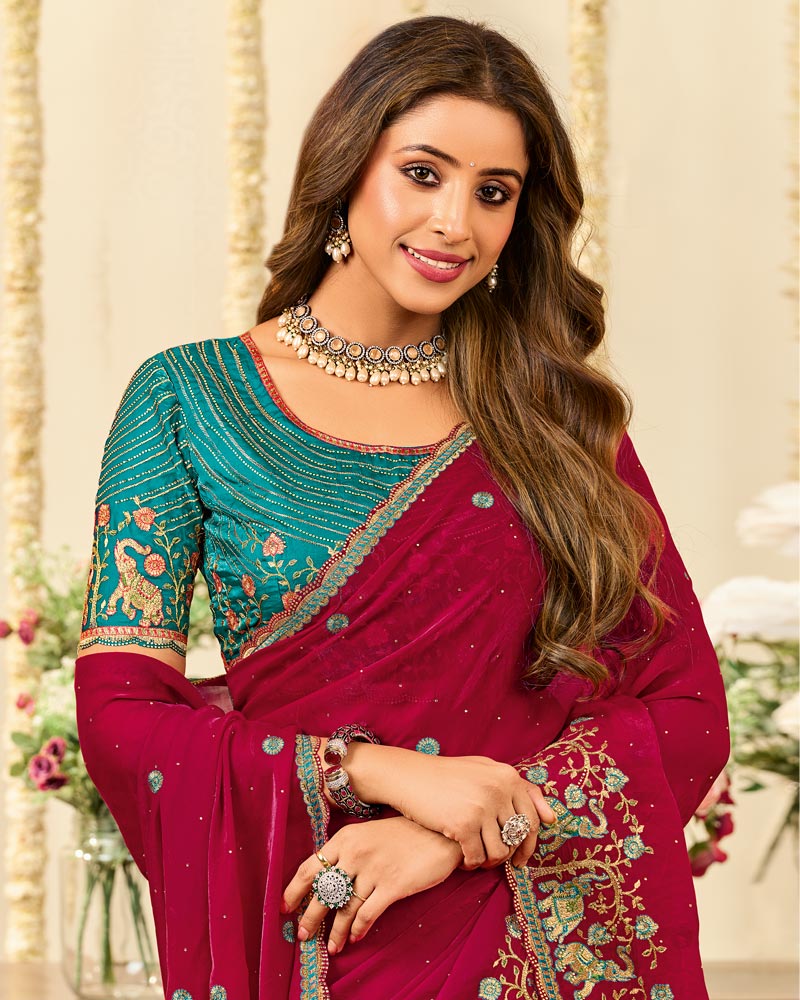 Vishal Prints Vivid Burgundy Designer Fancy Satin Saree With Embroidery Diamond Work And Cut Work Border