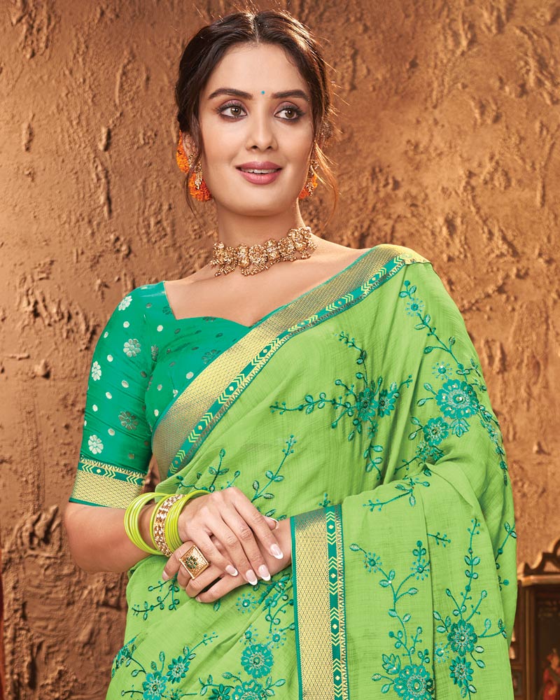 Vishal Prints Parrot Green Chiffon Saree With Embroidery Work