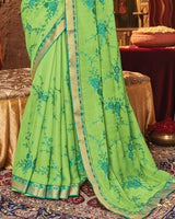 Vishal Prints Parrot Green Chiffon Saree With Embroidery Work