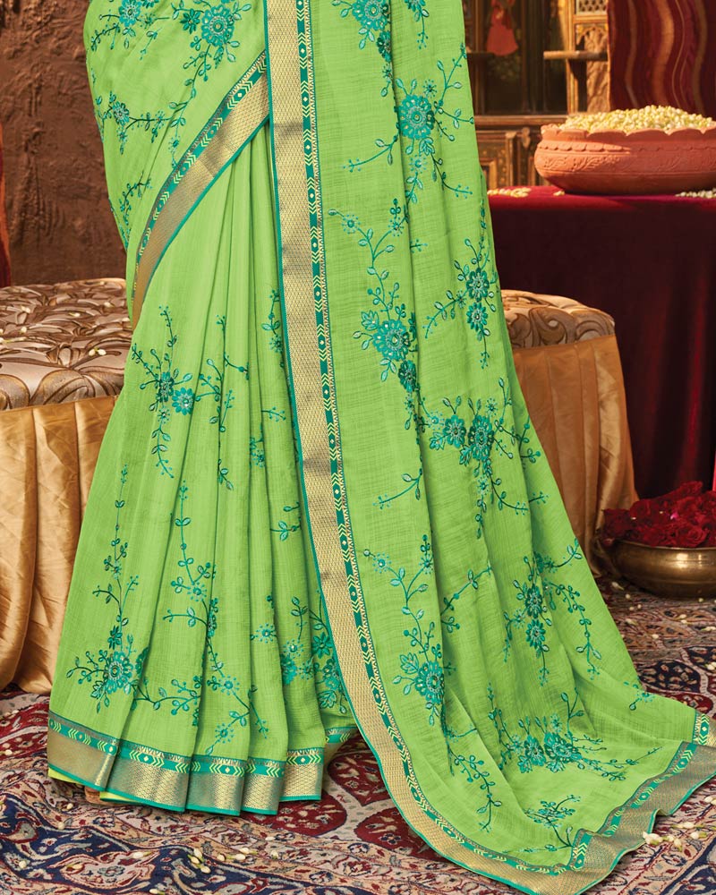 Vishal Prints Parrot Green Chiffon Saree With Embroidery Work