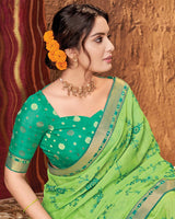 Vishal Prints Parrot Green Chiffon Saree With Embroidery Work