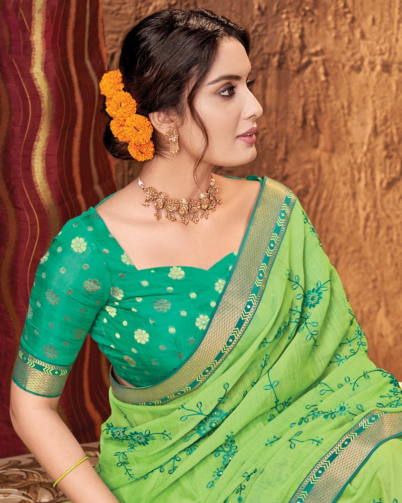 Vishal Prints Parrot Green Chiffon Saree With Embroidery Work
