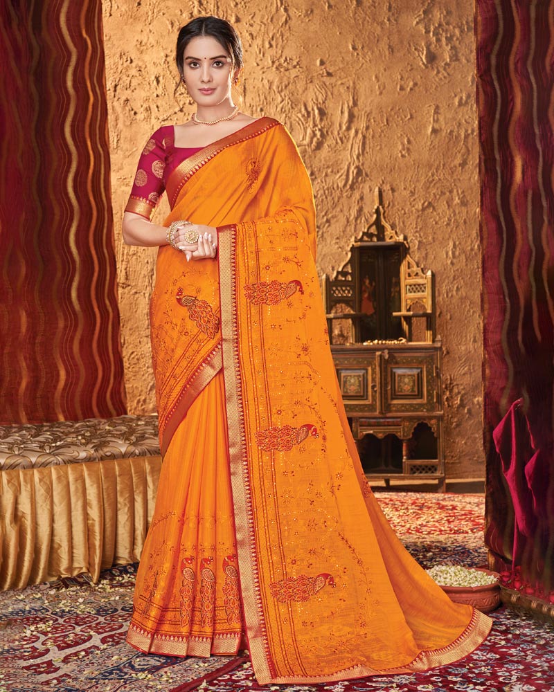 Vishal Prints Orange Chiffon Saree With Embroidery Work
