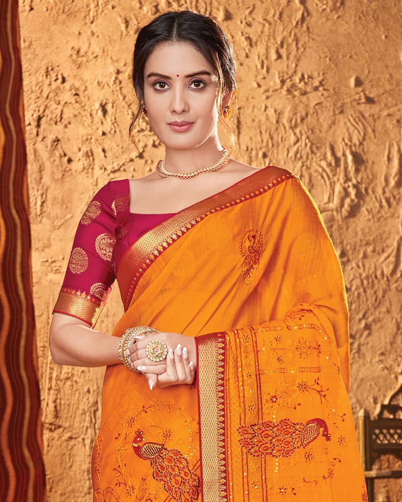 Vishal Prints Orange Chiffon Saree With Embroidery Work