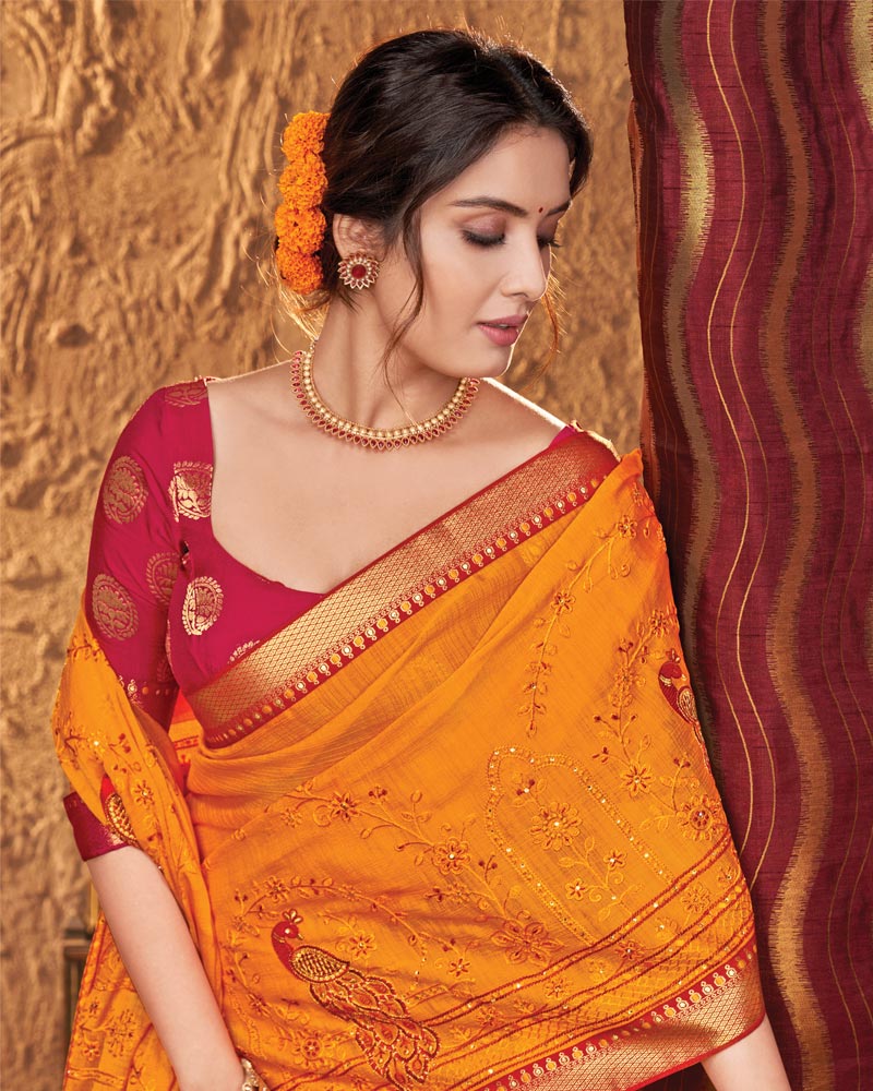 Vishal Prints Orange Chiffon Saree With Embroidery Work
