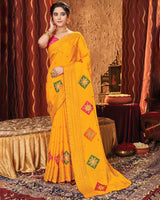 Vishal Prints Golden Yellow Chiffon Saree With Embroidery Work