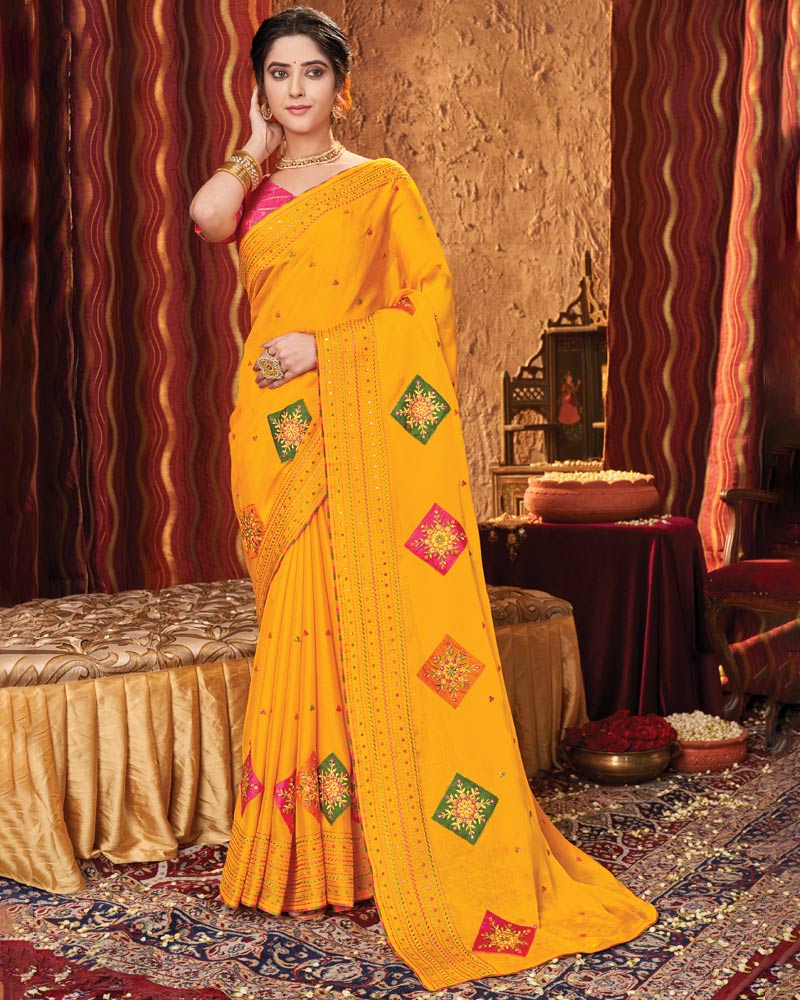 Vishal Prints Golden Yellow Chiffon Saree With Embroidery Work