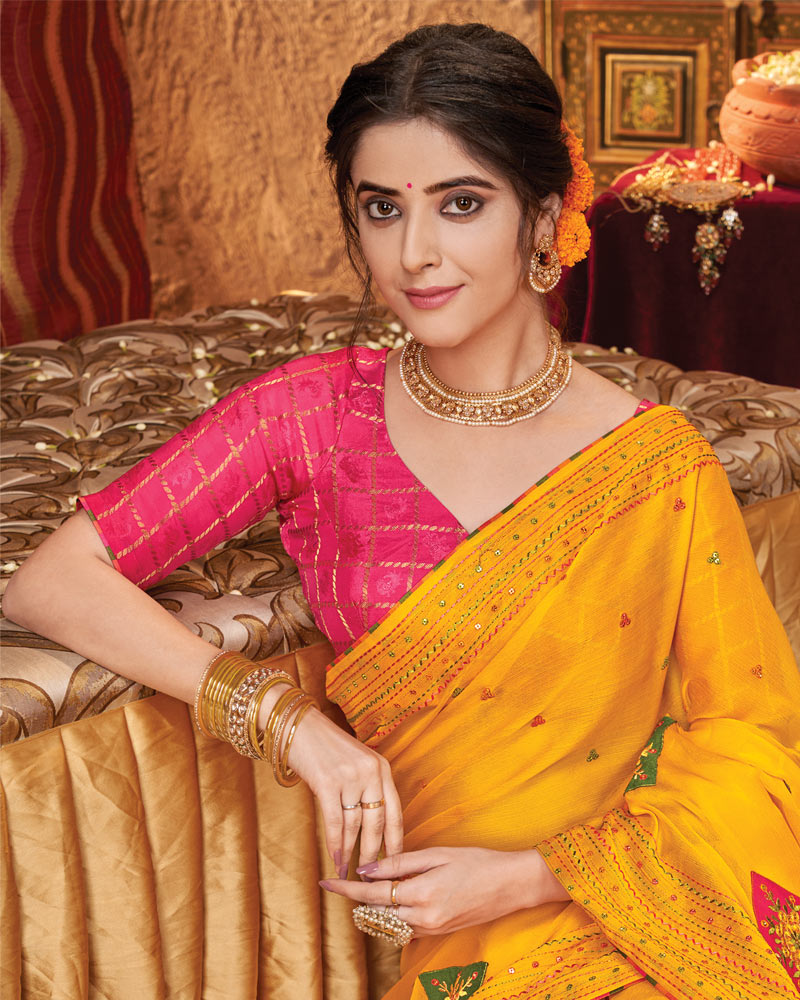 Vishal Prints Golden Yellow Chiffon Saree With Embroidery Work