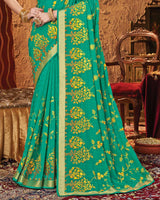 Vishal Prints Aqua Green Chiffon Saree With Embroidery Work