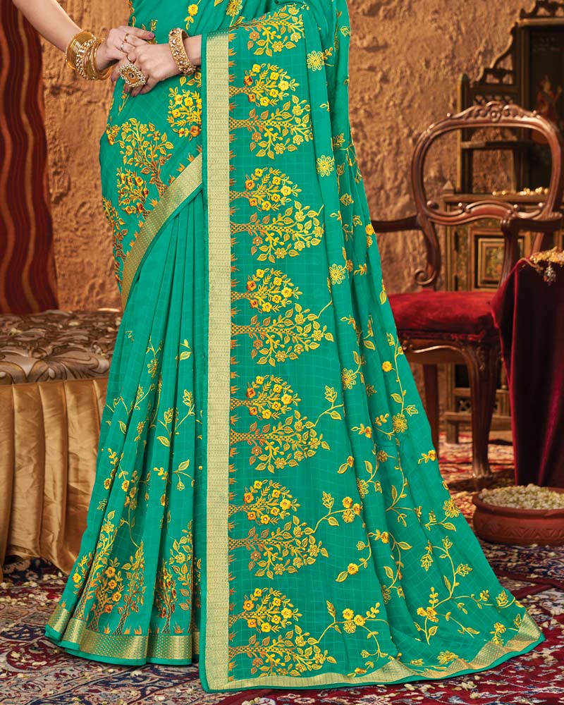Vishal Prints Aqua Green Chiffon Saree With Embroidery Work