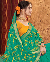 Vishal Prints Aqua Green Chiffon Saree With Embroidery Work