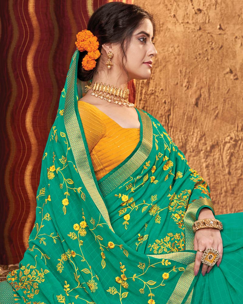 Vishal Prints Aqua Green Chiffon Saree With Embroidery Work