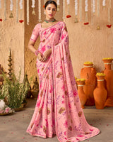 Vishal Prints Dark Salmon Pink Crepe-Georgette Digital Print Saree With Fancy Border