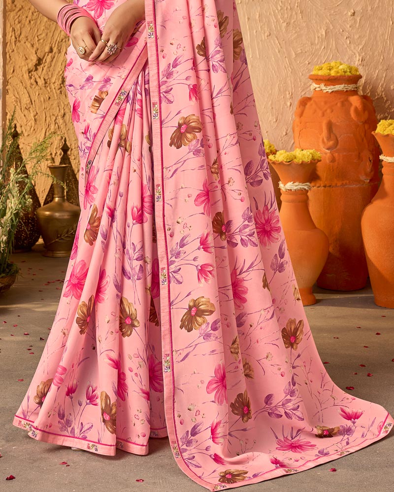 Vishal Prints Dark Salmon Pink Crepe-Georgette Digital Print Saree With Fancy Border