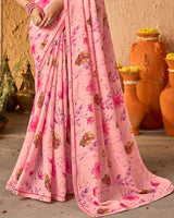 Vishal Prints Dark Salmon Pink Crepe-Georgette Digital Print Saree With Fancy Border