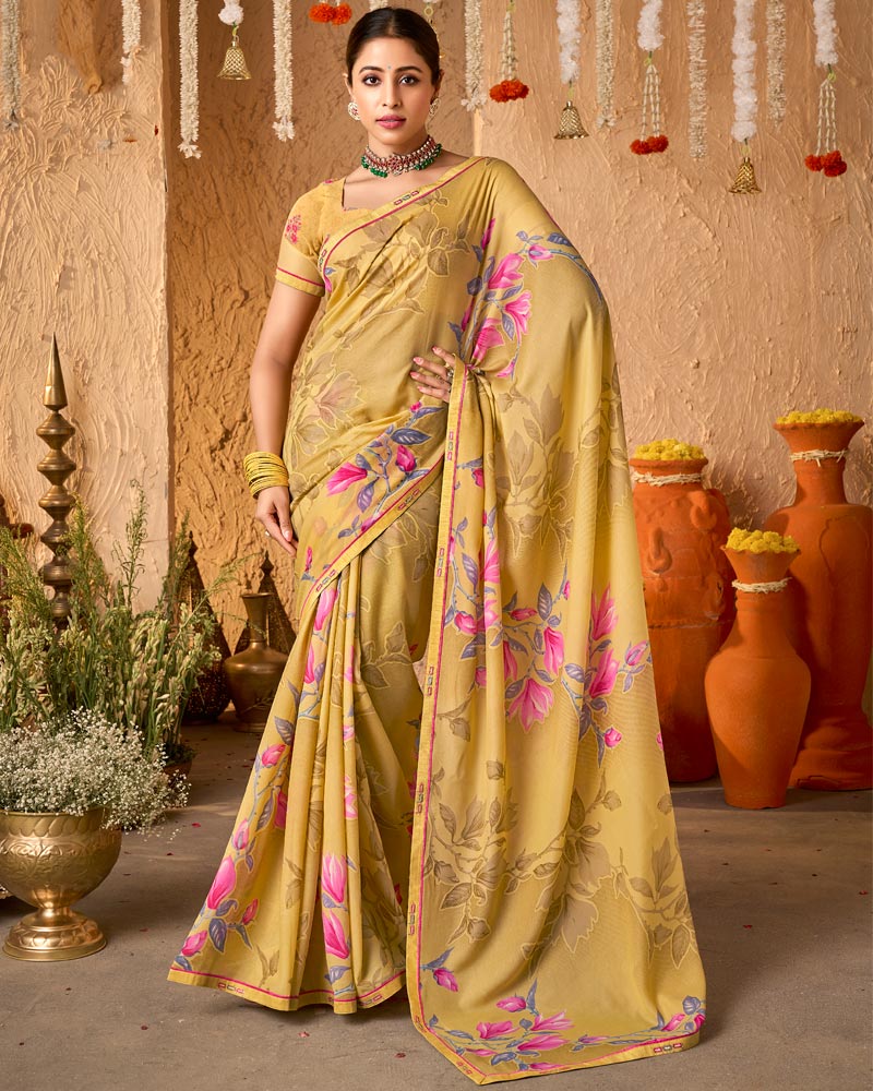Vishal Prints Sandy Yellow Crepe-Georgette Digital Print Saree With Fancy Border