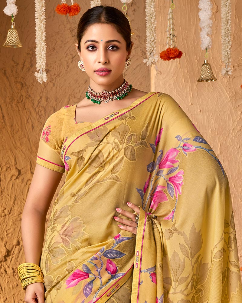 Vishal Prints Sandy Yellow Crepe-Georgette Digital Print Saree With Fancy Border