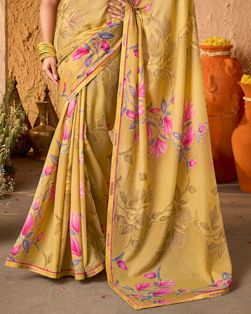 Vishal Prints Sandy Yellow Crepe-Georgette Digital Print Saree With Fancy Border