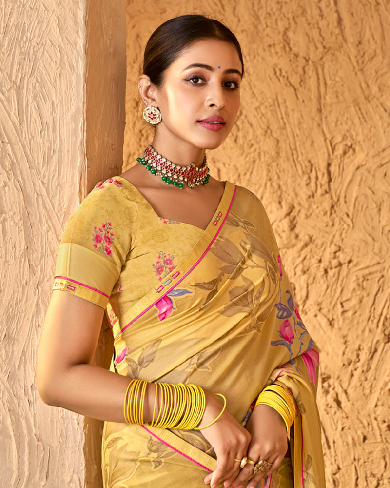 Vishal Prints Sandy Yellow Crepe-Georgette Digital Print Saree With Fancy Border