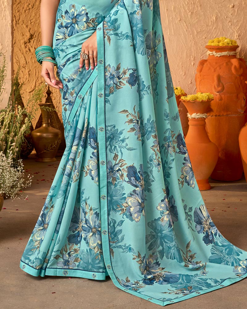 Vishal Prints Fountain Blue Crepe-Georgette Digital Print Saree With Fancy Border