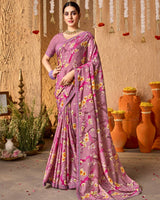 Vishal Prints Dusty Rose Pink Crepe-Georgette Digital Print Saree With Fancy Border