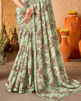 Vishal Prints Pista Green Crepe-Georgette Digital Print Saree With Fancy Border