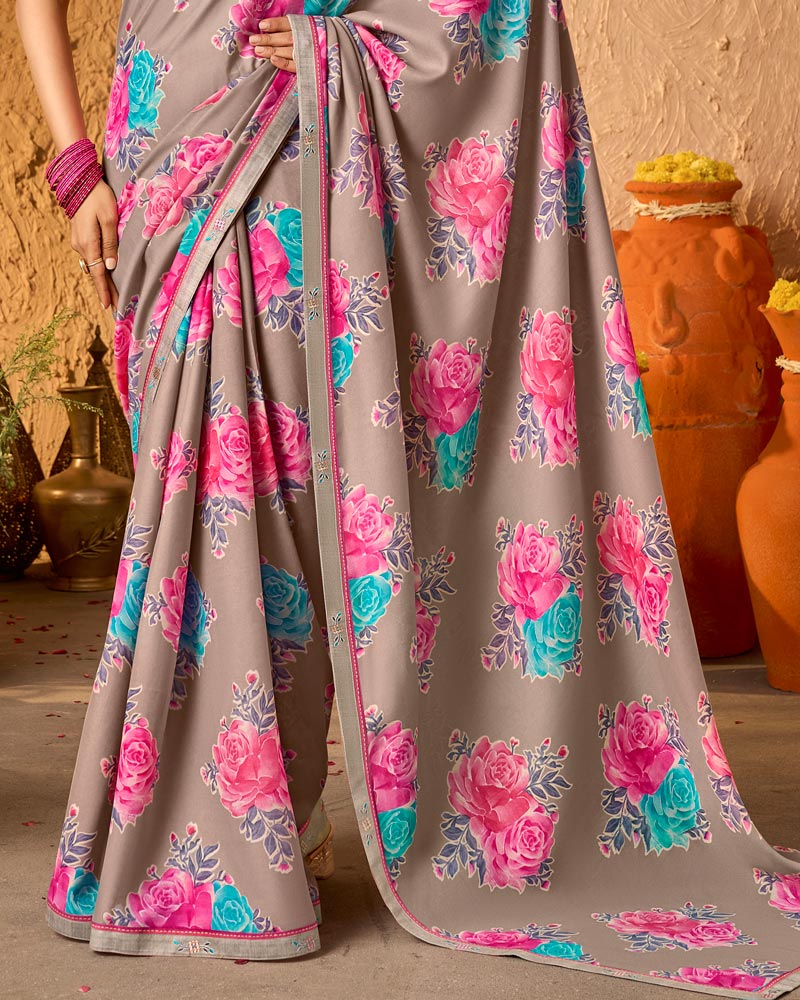 Vishal Prints Warm Grey Brown Crepe-Georgette Digital Print Saree With Fancy Border