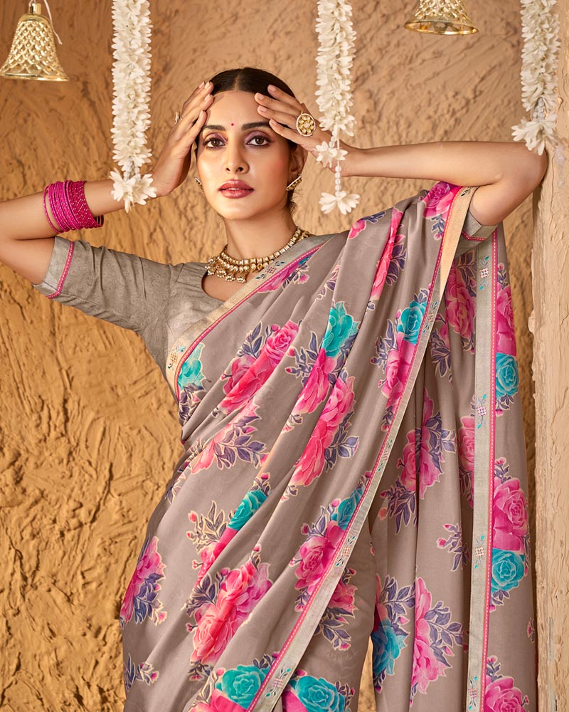 Vishal Prints Warm Grey Brown Crepe-Georgette Digital Print Saree With Fancy Border