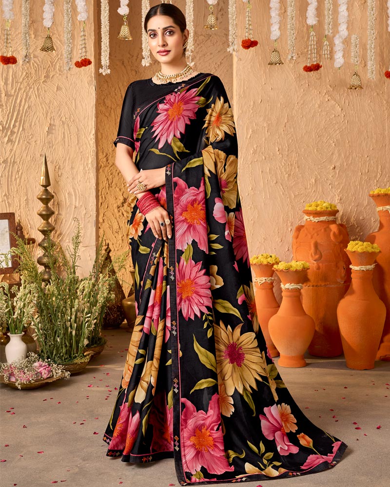 Vishal Prints Midnight Black Crepe-Georgette Digital Print Saree With Fancy Border