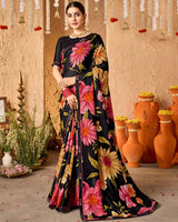 Vishal Prints Midnight Black Crepe-Georgette Digital Print Saree With Fancy Border