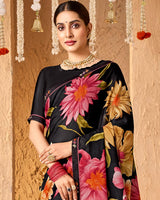Vishal Prints Midnight Black Crepe-Georgette Digital Print Saree With Fancy Border