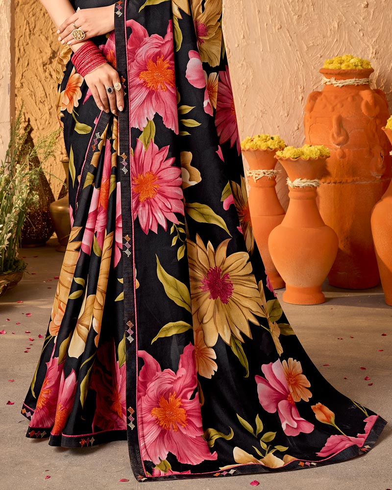 Vishal Prints Midnight Black Crepe-Georgette Digital Print Saree With Fancy Border
