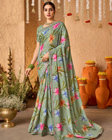 Vishal Prints Sage Green Crepe-Georgette Digital Print Saree With Fancy Border
