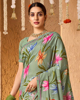 Vishal Prints Sage Green Crepe-Georgette Digital Print Saree With Fancy Border