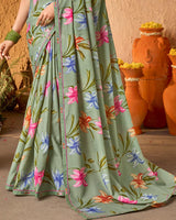 Vishal Prints Sage Green Crepe-Georgette Digital Print Saree With Fancy Border