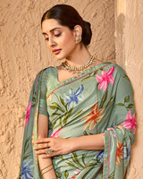 Vishal Prints Sage Green Crepe-Georgette Digital Print Saree With Fancy Border