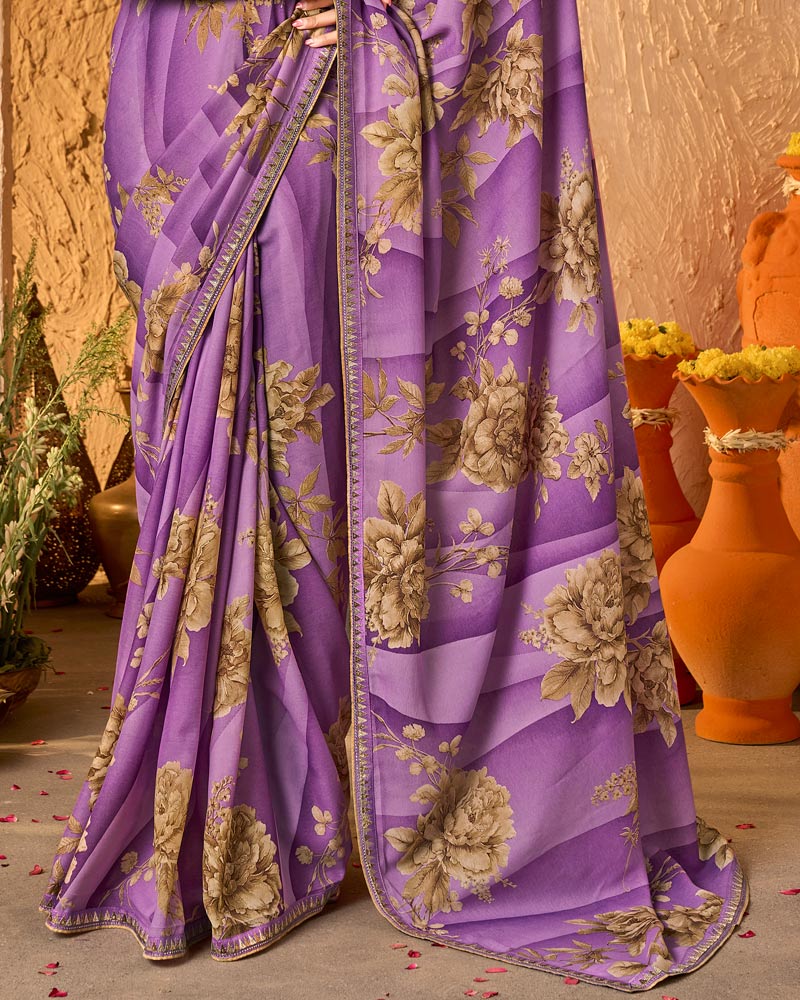 Vishal Prints Dark Lavender Crepe-Georgette Digital Print Saree With Fancy Border